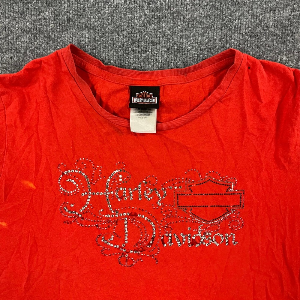 Harley Davidson T-Shirt Womens Size 1X Red Rhinestone Graphic USA Made